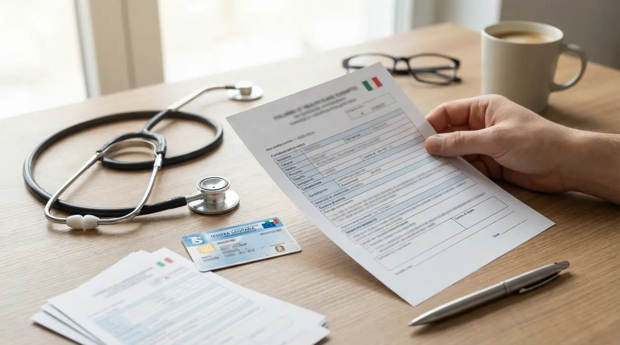 Mano che compila un modulo sanitario con tessera sanitaria e stetoscopio su una scrivania