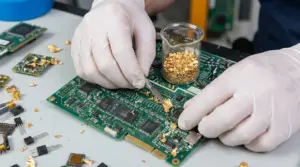 Mani con guanti che raschiano una scheda elettronica per recuperare frammenti d’oro da rifiuti elettronici