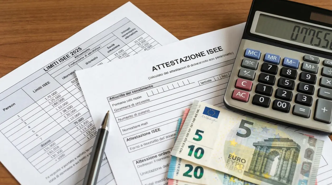 Documenti ISEE con calcolatrice, penna e banconote in euro su una scrivania