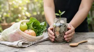 Una persona tiene un barattolo di monete con una piantina, accanto a una borsa riutilizzabile con frutta e verdura.
