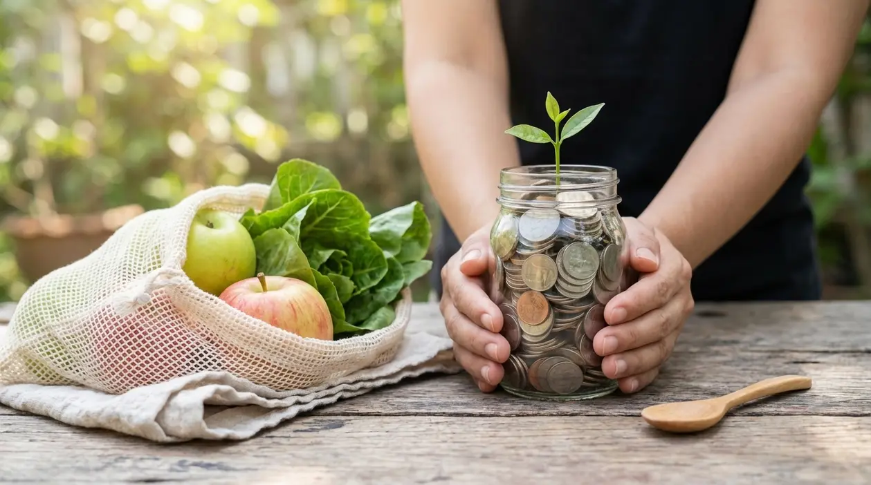Una persona tiene un barattolo di monete con una piantina, accanto a una borsa riutilizzabile con frutta e verdura.