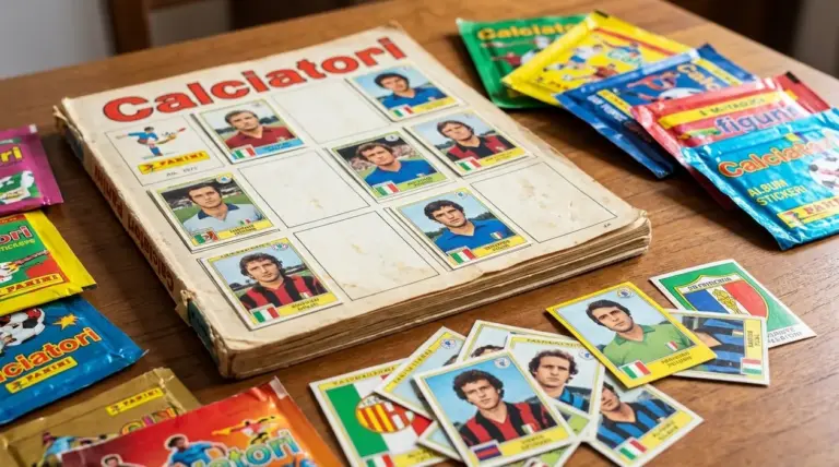 Album Panini Calciatori vintage con figurine di calciatori e bustine colorate su un tavolo di legno