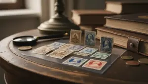 Francobolli commemorativi d'epoca su un tavolo con lente, libri e monete da collezione