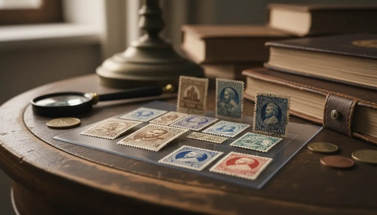 Francobolli commemorativi d'epoca su un tavolo con lente, libri e monete da collezione