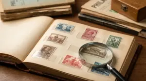 Album di francobolli d’epoca aperto con lente d’ingrandimento su esemplari da collezione rari