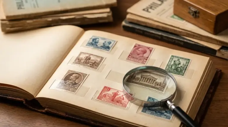 Album di francobolli d’epoca aperto con lente d’ingrandimento su esemplari da collezione rari