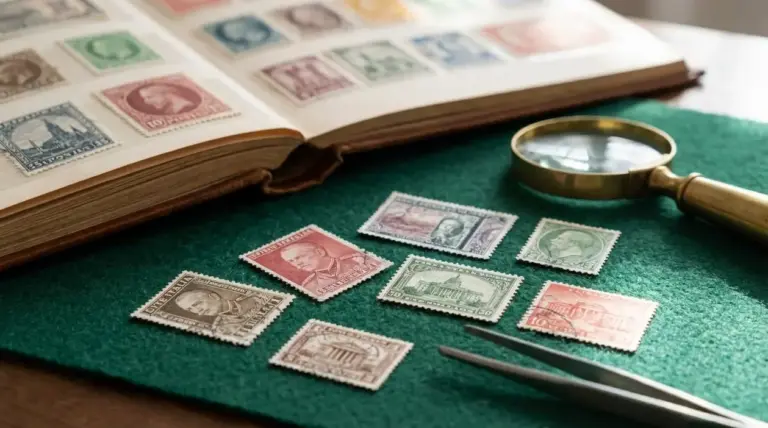Album di francobolli da collezione con esemplari vintage, lente d’ingrandimento e pinzette su tavolo verde