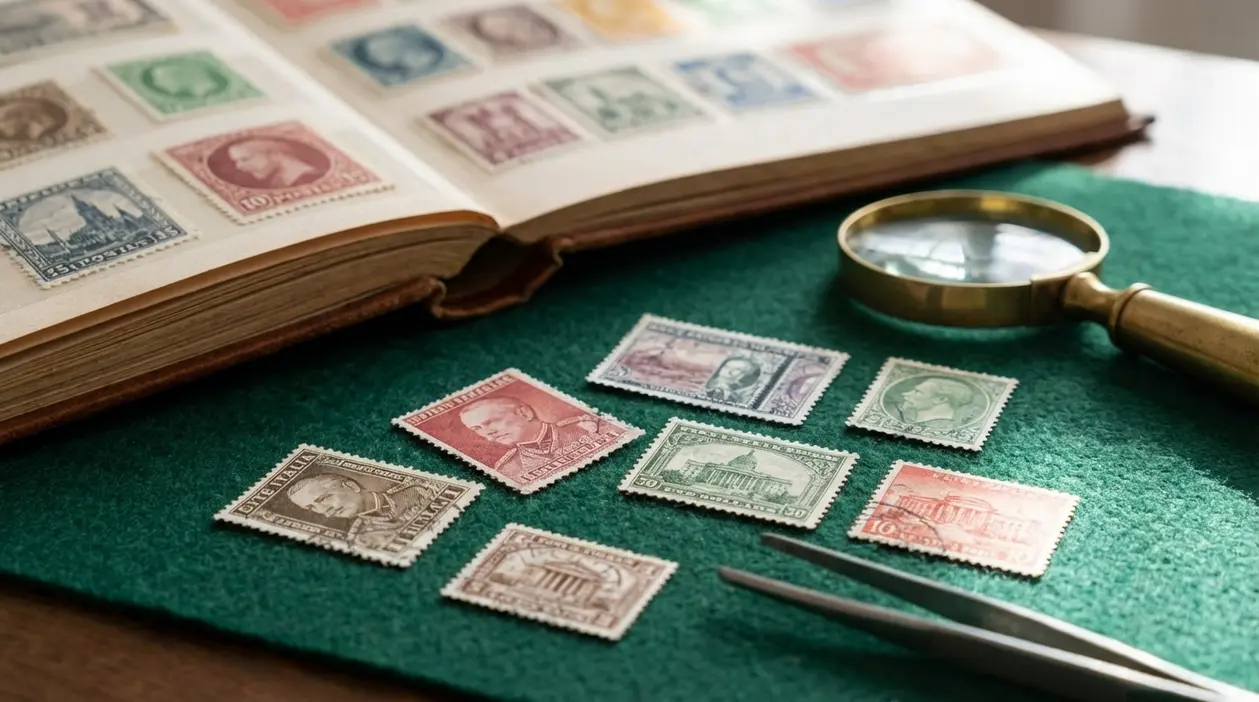 Album di francobolli da collezione con esemplari vintage, lente d’ingrandimento e pinzette su tavolo verde
