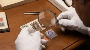 Collezionista esamina francobolli rari con una lente su un tavolo, alla ricerca di possibili errori di stampa
