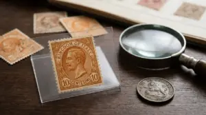Francobollo Regno d’Italia 10 centesimi Leoni in custodia trasparente con lente d’ingrandimento su tavolo