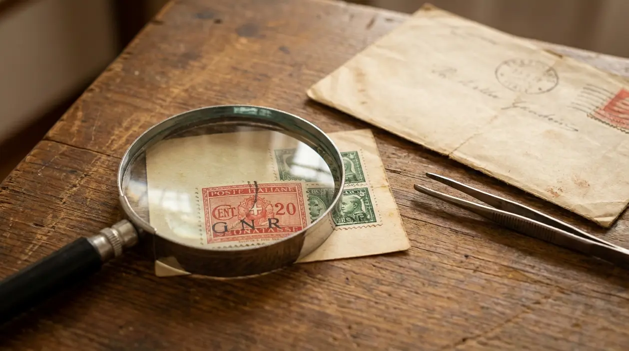 Lente d’ingrandimento su francobollo GNR del 1944 su una lettera, con pinzette su tavolo di legno