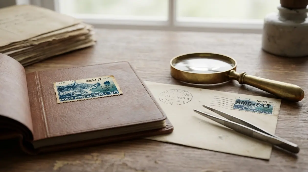 Album di francobolli con esemplare Trieste AMG-FTT, busta d’epoca, lente d’ingrandimento e pinzette su tavolo