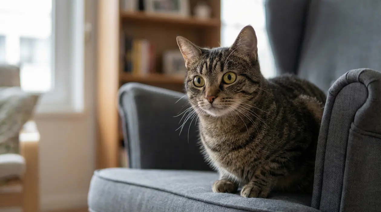 Gatto tigrato seduto su una poltrona che guarda fisso davanti a sé