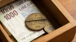 Gettone telefonico d’epoca in un cassetto accanto a una banconota da 1000 lire