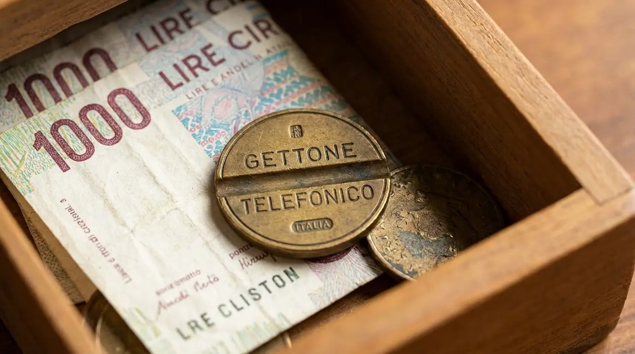 Gettone telefonico d’epoca in un cassetto accanto a una banconota da 1000 lire