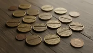 Gettoni telefonici d’epoca anni ’60 e ’70 disposti su un tavolo di legno, con alcune monete a lato
