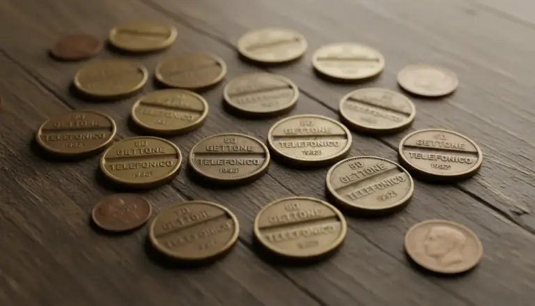 Gettoni telefonici d’epoca anni ’60 e ’70 disposti su un tavolo di legno, con alcune monete a lato