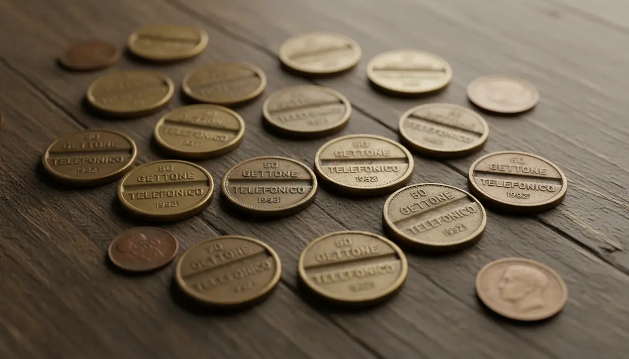 Gettoni telefonici d’epoca anni ’60 e ’70 disposti su un tavolo di legno, con alcune monete a lato
