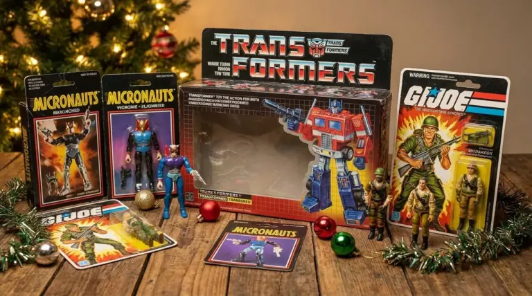 Giocattoli vintage anni ’80 con confezioni Micronauts, Transformers e G.I. Joe accanto all’albero di Natale