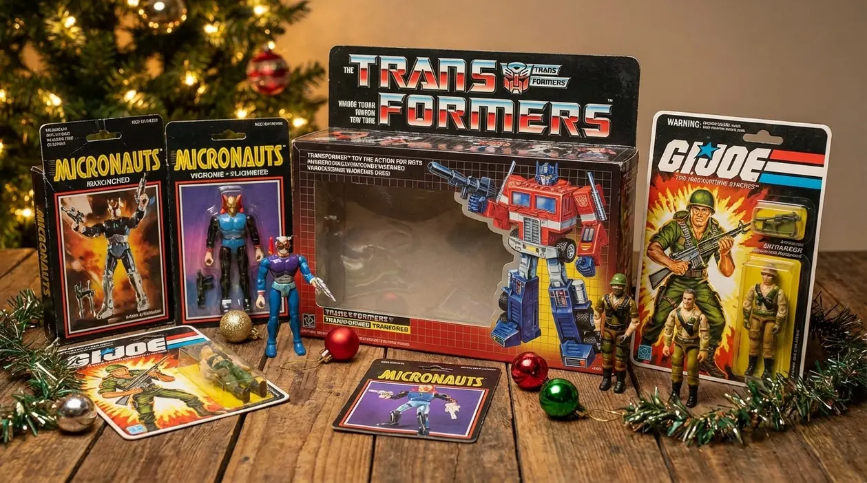 Giocattoli vintage anni ’80 con confezioni Micronauts, Transformers e G.I. Joe accanto all’albero di Natale