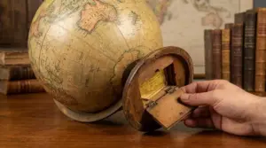 Vecchio globo terrestre scolastico con vano nascosto aperto sotto la base in legno