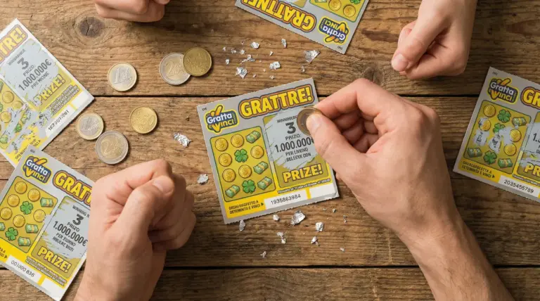 Mani che grattano un biglietto gratta e vinci con una moneta su tavolo di legno, con altre schedine e monete.
