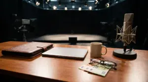 Scrivania in studio TV con microfono, laptop e banconote, simbolo del guadagno di un conduttore serale