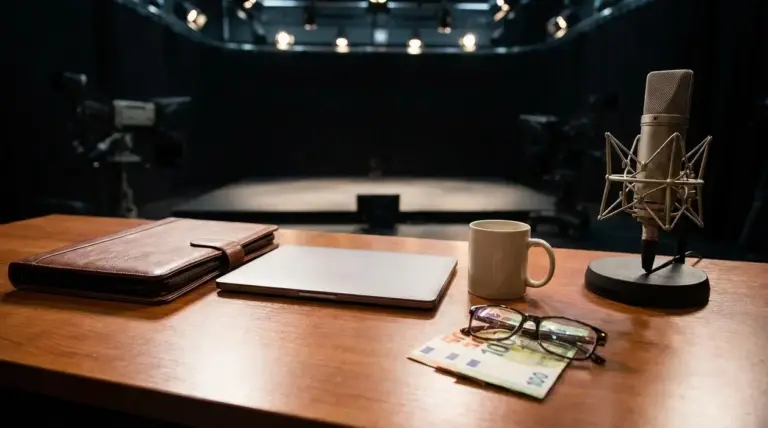 Scrivania in studio TV con microfono, laptop e banconote, simbolo del guadagno di un conduttore serale