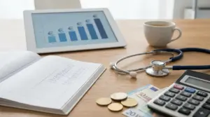 Stetoscopio, calcolatrice e grafico con simbolo euro su tablet, per analisi dei guadagni di un medico di base