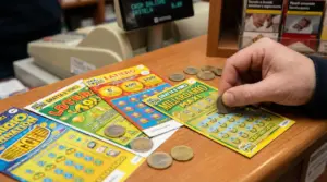 Mano che gratta un biglietto Gratta e Vinci sul bancone di una tabaccheria, con monete e altri tagliandi.