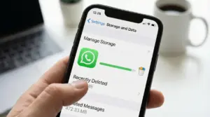 Smartphone con schermata di gestione archiviazione di WhatsApp, utile per svuotare elementi eliminati e liberare spazio