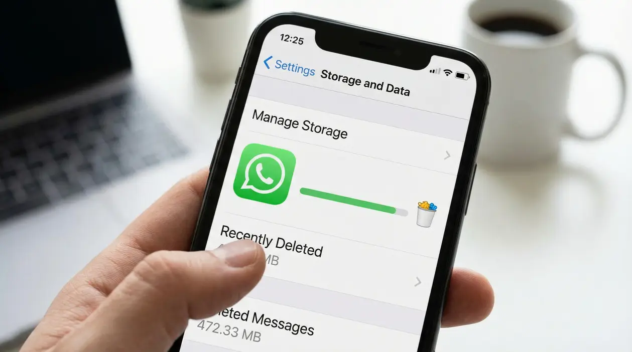 Smartphone con schermata di gestione archiviazione di WhatsApp, utile per svuotare elementi eliminati e liberare spazio