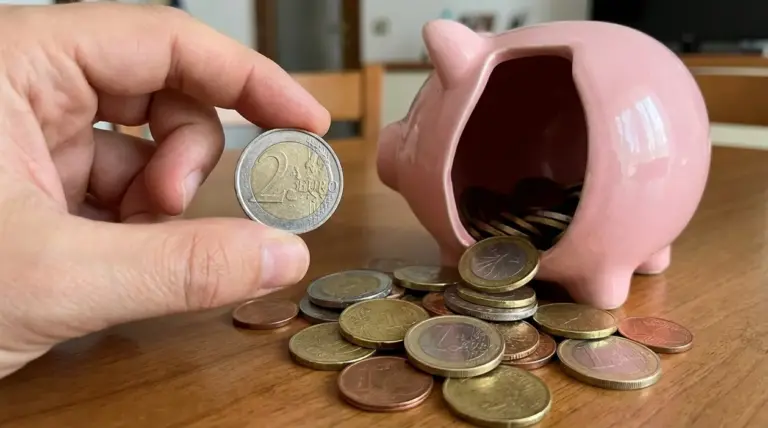 Mano che mostra una moneta da 2 euro accanto a un salvadanaio a forma di maialino rovesciato con monete sul tavolo