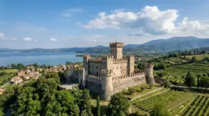 Castello medievale in pietra circondato da vigneti e colline con vista su un lago