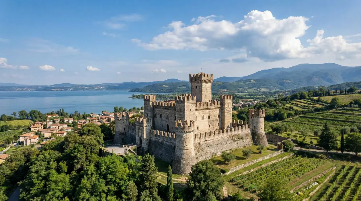 Castello medievale in pietra circondato da vigneti e colline con vista su un lago