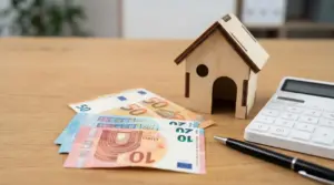 Modellino di casa con banconote in euro, calcolatrice e penna su un tavolo, simbolo di IMU sulla seconda casa