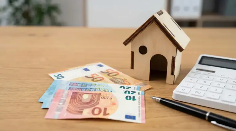 Modellino di casa con banconote in euro, calcolatrice e penna su un tavolo, simbolo di IMU sulla seconda casa