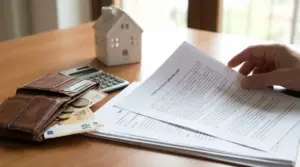 Documenti di compravendita immobiliare su tavolo con portafoglio, contanti, calcolatrice e modellino di casa