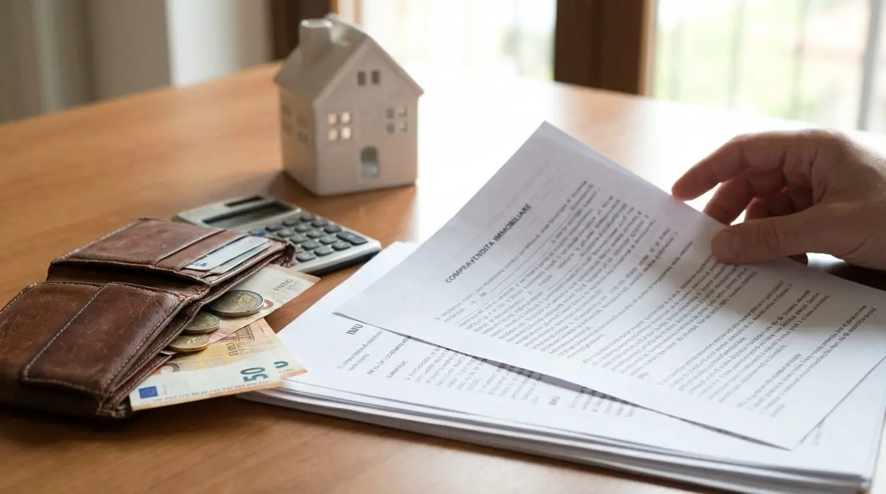 Documenti di compravendita immobiliare su tavolo con portafoglio, contanti, calcolatrice e modellino di casa