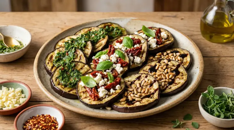 Melanzane grigliate condite con pesto, formaggio, pomodori secchi e pinoli su un piatto