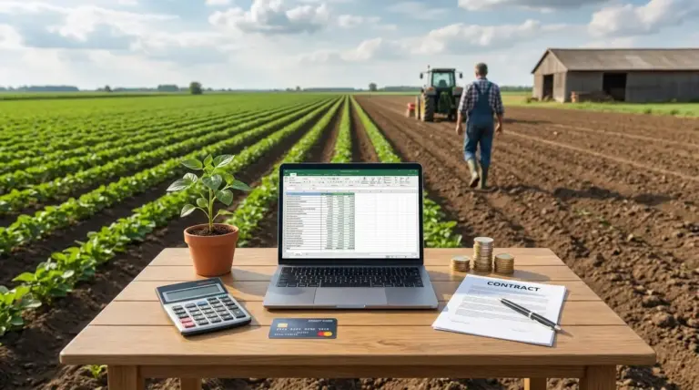 Campo agricolo con laptop, calcolatrice e contratto su un tavolo, simbolo di reddito extra da un terreno