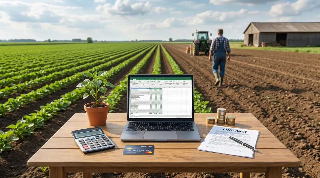 Campo agricolo con laptop, calcolatrice e contratto su un tavolo, simbolo di reddito extra da un terreno