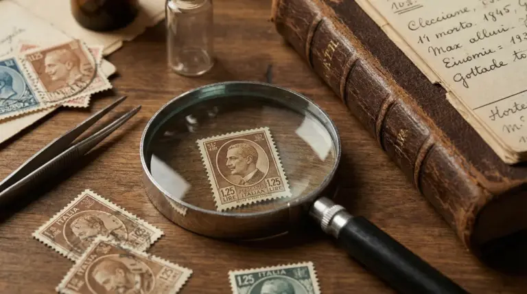 Francobollo italiano da 1,25 lire Michetti sotto una lente d’ingrandimento su tavolo con altri francobolli e pinzette