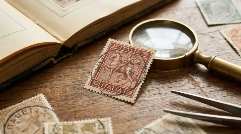 Francobollo italiano d’epoca con cavallo e cavaliere su tavolo, con lente d’ingrandimento e pinzette da collezione