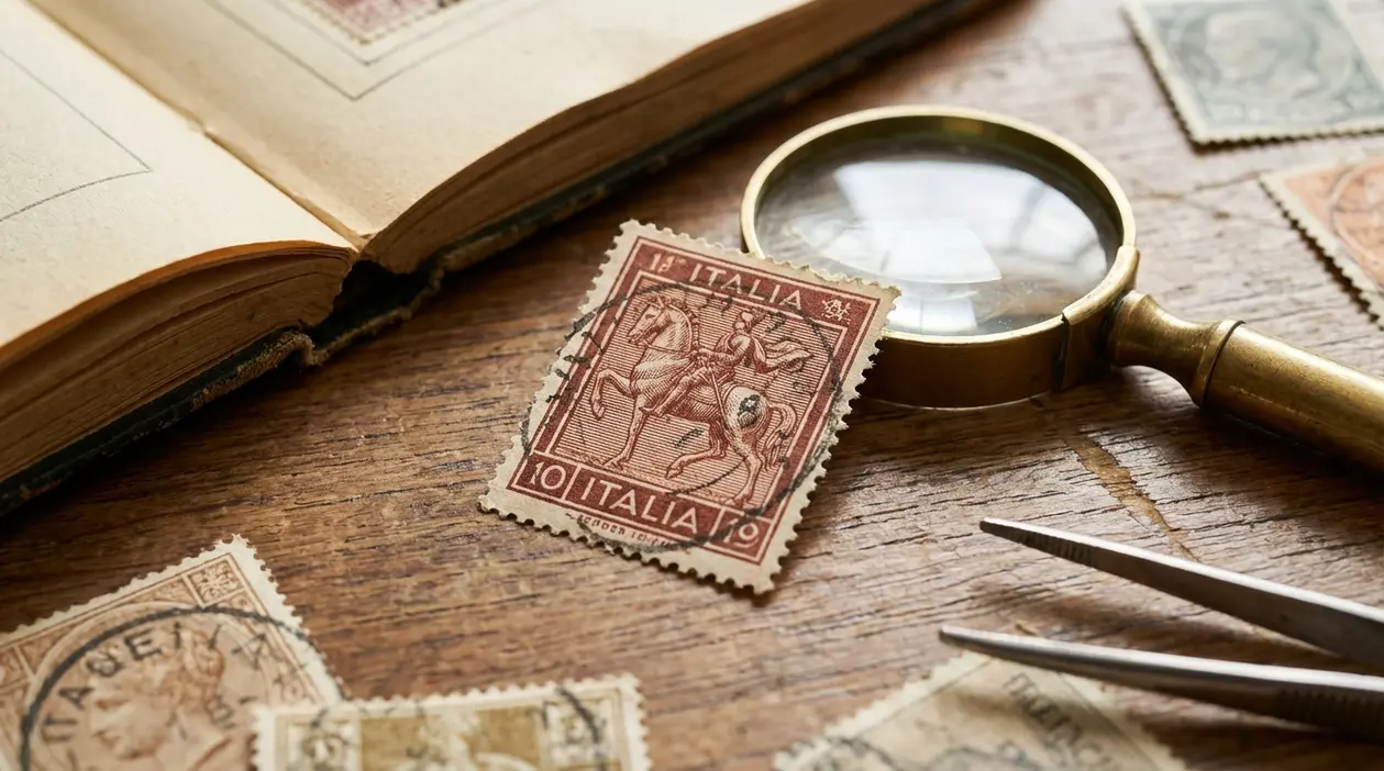 Francobollo italiano d’epoca con cavallo e cavaliere su tavolo, con lente d’ingrandimento e pinzette da collezione