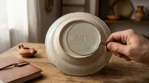 Mano con lente che osserva il marchio sul fondo di un piatto in ceramica antica.
