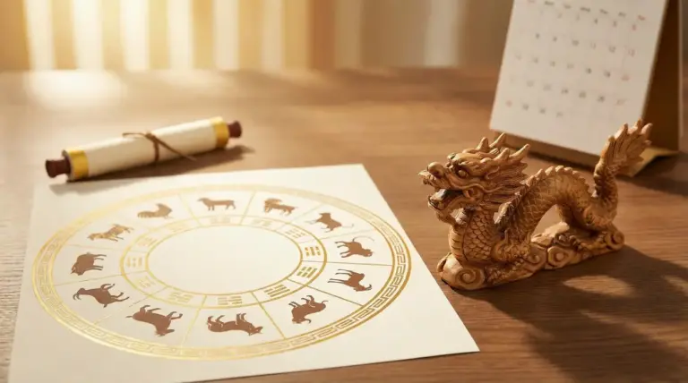 Tavolo con una ruota dell'oroscopo cinese e una statua di drago in legno