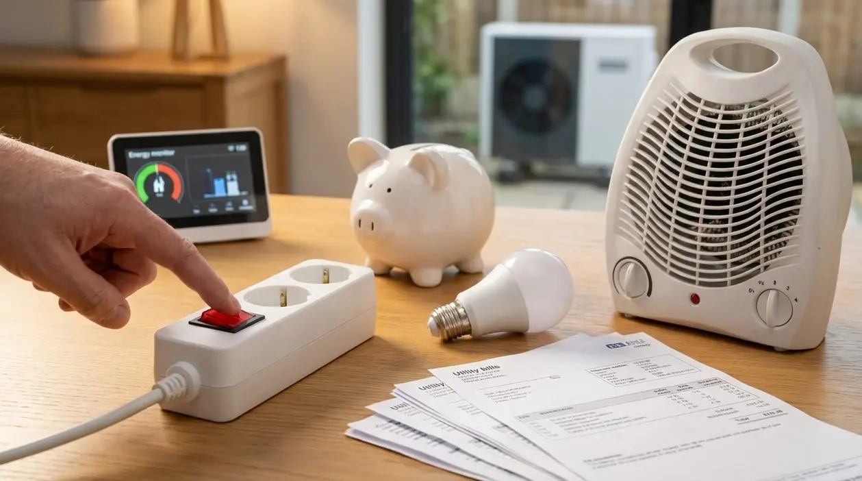 Mano che spegne una ciabatta elettrica vicino a bollette, lampadina LED e stufetta per risparmiare energia