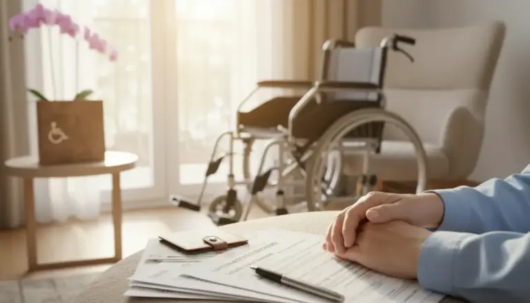 Mani su documenti per assistenza e sedia a rotelle in casa, tema caregiver e legge 104