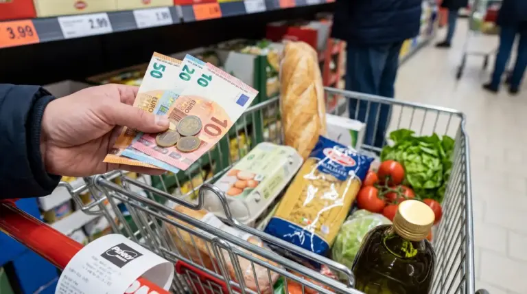Persona al supermercato con carrello della spesa e banconote in euro, simbolo della perdita di potere d’acquisto